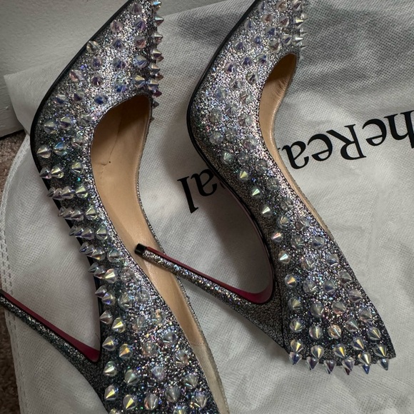 RARE Christian Louboutin Studded Silver & Suede Holographic Heels - Picture 9 of 16